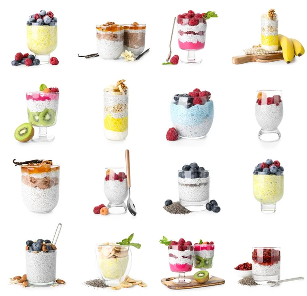 Leckerer Chiapudding Mit Früchten Und Nüssen Gläsern Auf Weißem Hintergrund — Stockfoto