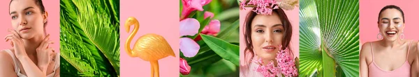 Collage Diferentes Fotos Colores Verde Rosa —  Fotos de Stock