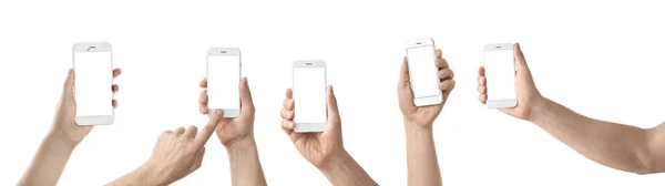현대식 전화를 배경에 손들의 — 스톡 사진