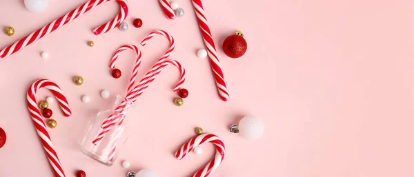Tasty Candy Canes Christmas Balls Pink Background Space Text — Stock Photo, Image