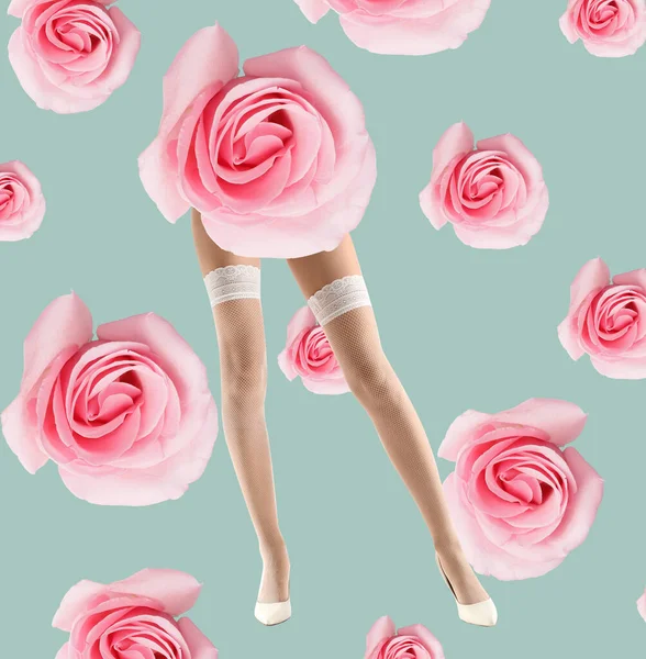 灰色の背景に白いストッキングの若い女性のバラの花や足のコラージュ — ストック写真