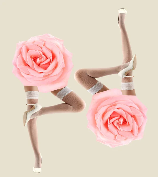 Collage Aus Rosenblüten Und Beinen Junger Frauen Weißen Strümpfen Auf — Stockfoto