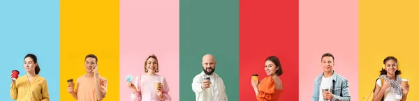 Colagem Pessoas Diferentes Com Xícaras Papel Café Fundo Cor — Fotografia de Stock