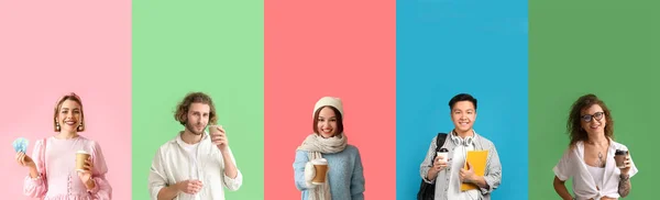 Set Von Verschiedenen Personen Mit Pappbechern Kaffee Auf Farbigem Hintergrund — Stockfoto