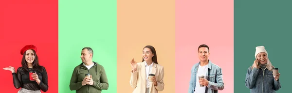 Collage Verschiedener Menschen Mit Tassen Kaffee Auf Farbigem Hintergrund — Stockfoto