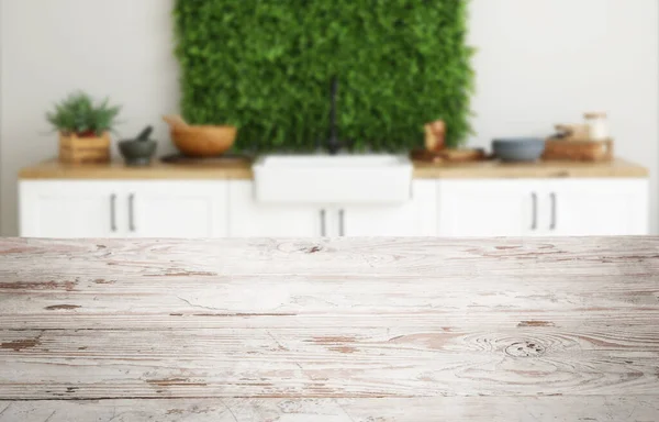 Empty White Wooden Table Interior Modern Kitchen — Stock Photo, Image