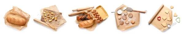 Colagem Papel Manteiga Com Pastelaria Fresca Batatas Assadas Sobre Fundo — Fotografia de Stock