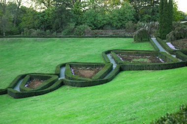 Parkta yeşil çalılar ve çiçekler olan güzel patika manzarası