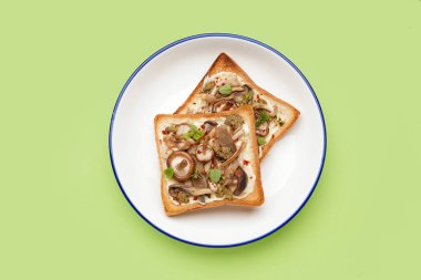 Krem peynirli, mantarlı ve yeşil arka planda pesto soslu lezzetli tost tabağı.