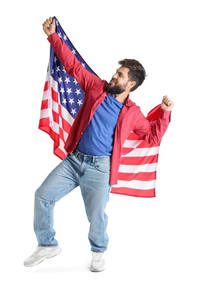 Knappe Man Met Baard Met Usa Vlag Witte Achtergrond — Stockfoto