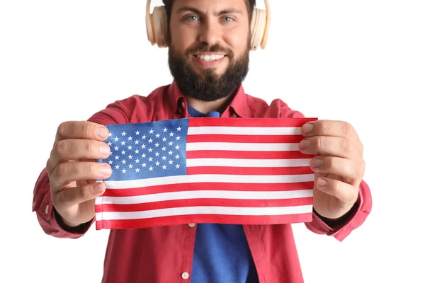 Knappe Man Met Baard Hoofdtelefoon Met Usa Vlag Witte Achtergrond — Stockfoto