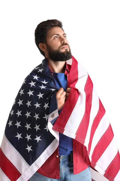 Knappe Man Met Baard Met Usa Vlag Witte Achtergrond — Stockfoto