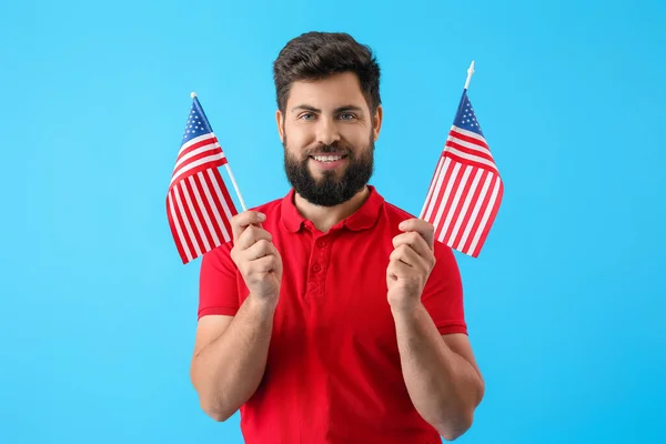 Handsome Bearded Man Usa Flags Blue Background — Stock Photo, Image