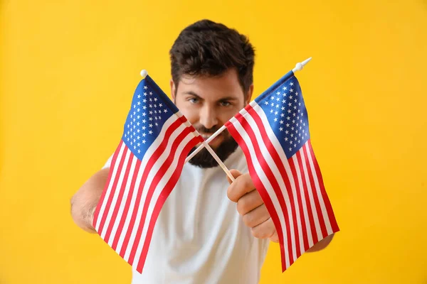 Handsome Bearded Man Usa Flags Yellow Background — Stock Photo, Image