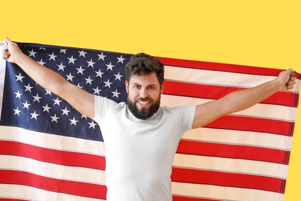 Handsome Bearded Man Usa Flag Yellow Background — Stock Photo, Image