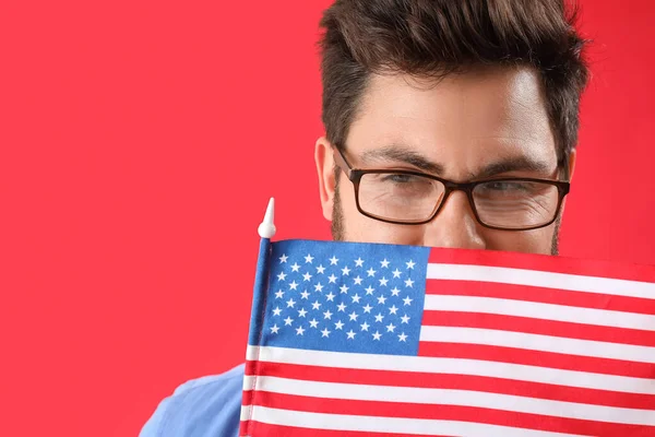 Handsome Man Usa Flag Red Background Closeup — Stock Photo, Image