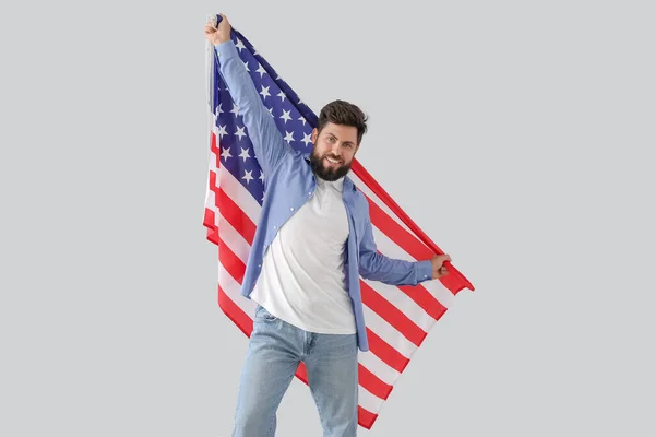 Handsome Bearded Man Usa Flag Grey Background — Stock Photo, Image