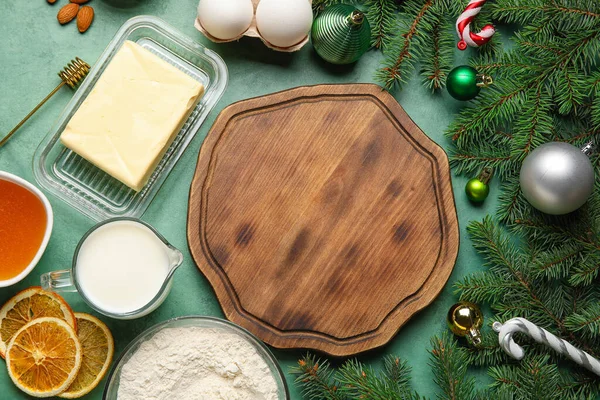 Composition Wooden Cutting Board Ingredients Christmas Bakery Decorations Fir Branches — Stock Photo, Image