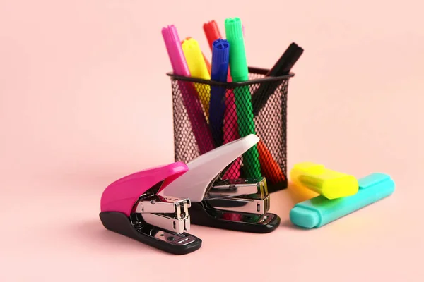 Holder Felt Tip Pens Staplers Pink Background — Stock Photo, Image