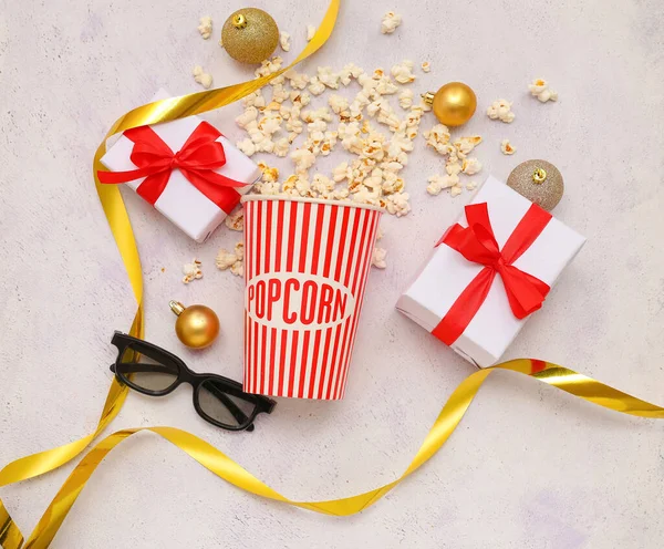 Bucket Popcorn Glasses Christmas Balls Ribbon Gifts White Background — Stock Photo, Image