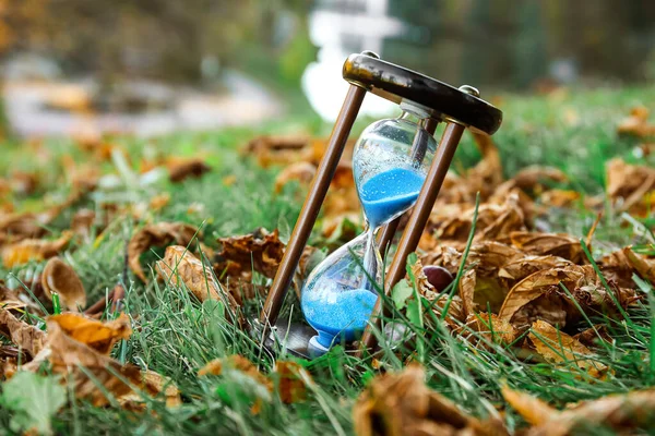 緑の草の上に落ちた葉を持つ砂時計 クローズアップ — ストック写真