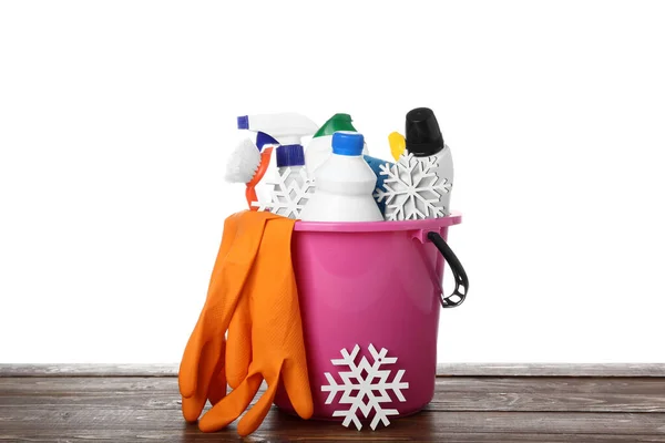 Bucket Cleaning Supplies Snowflakes Table White Background — Stock Photo, Image