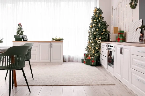 Interior Kitchen Christmas Trees White Counters — Stock Photo, Image