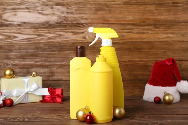 Bottles Detergent Christmas Balls Wooden Background — Stock Photo, Image