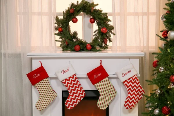 Fireplace Christmas Socks Wreath Window Room — Stock Photo, Image