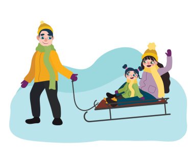 Kış günü kızaklı mutlu bir aile