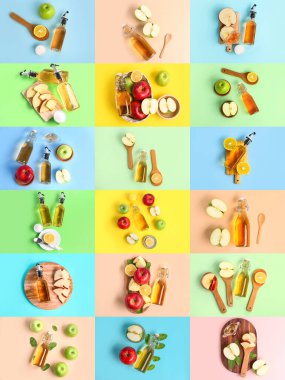 Renkli arka planda elma sirkesi seti, üst görünüm