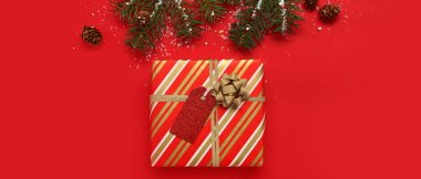 Güzel Noel hediyesi, kırmızı arka planda köknar dalları ve koniler