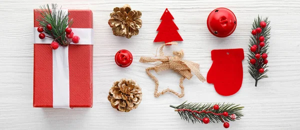 Festive Composition Gift Box Christmas Decor White Wooden Background — Stock Photo, Image