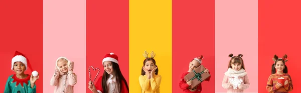 Collage Mit Niedlichen Kindern Die Weihnachten Auf Farbigem Hintergrund Feiern — Stockfoto