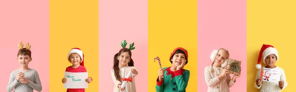 Koláž Roztomilými Dětmi Slaví Vánoce Barevném Pozadí — Stock fotografie