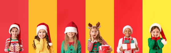 Collage Avec Des Enfants Mignons Costumes Noël Sur Fond Couleur — Photo