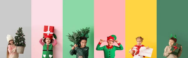 Collage Cute Children Elves Costumes Christmas Trees Gifts Color Background — Stock Photo, Image
