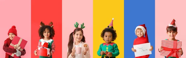 Коллаж Милыми Детьми Рождественскими Подарками Цветном Фоне — стоковое фото
