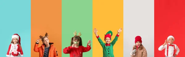 Collage Met Schattige Kinderen Kerstkostuums Kleur Achtergrond — Stockfoto