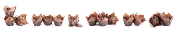 Sada Lahodných Čokoládových Muffinů Izolovaných Bílém — Stock fotografie