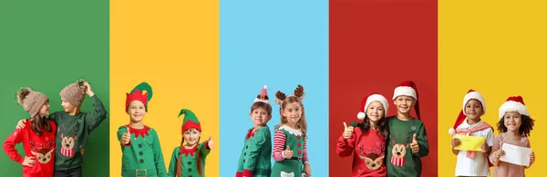 Kolaż Cute Dzieci Kostiumach Świątecznych Kolorowe Tło — Zdjęcie stockowe