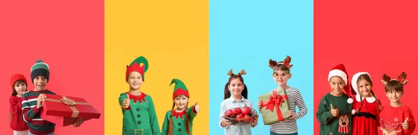 Collage Mit Niedlichen Kindern Weihnachtskostümen Auf Buntem Hintergrund — Stockfoto