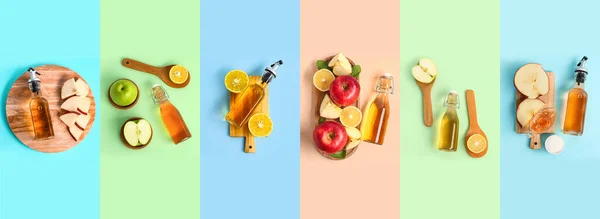 Set Apple Cider Vinegar Colorful Background Top View — Stock Photo, Image