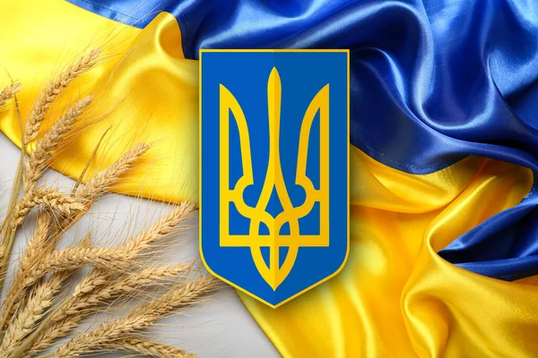 小麦小穗 乌克兰国徽和浅色背景国旗 — 图库照片