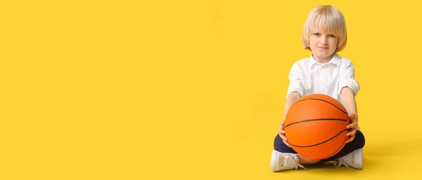 Cute Boy Ball Playing Basketball Yellow Background Space Text — Stock Photo, Image