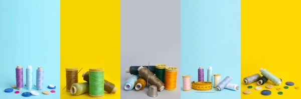 色の背景にミシン用品の糸のセット — ストック写真