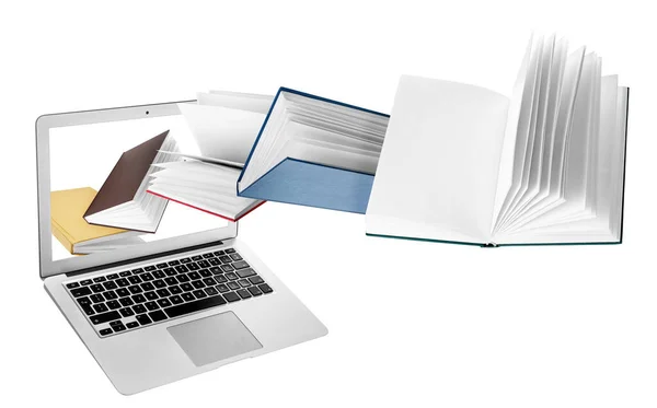 Laptop Muchos Libros Voladores Aislados Blanco — Foto de Stock