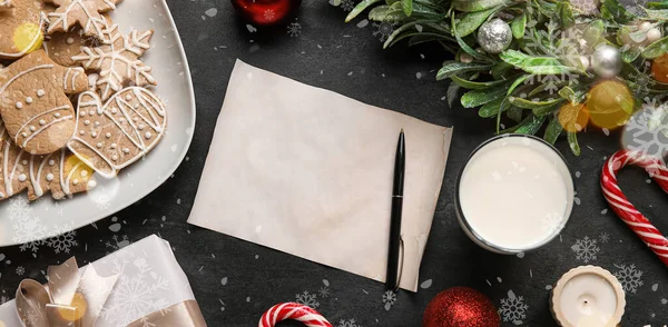 Empty Paper Sheet Pen Cookies Milk Christmas Decorations Dark Background — Stock Photo, Image