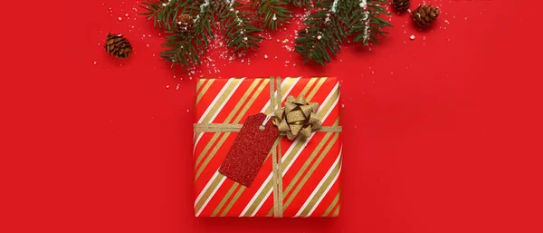 Bellissimo Regalo Natale Rami Abete Coni Sfondo Rosso — Foto Stock