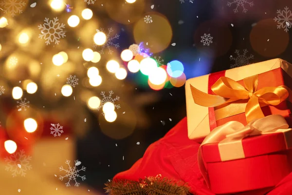 Santa Bag Gifts Blurred Lights — Stock Photo, Image